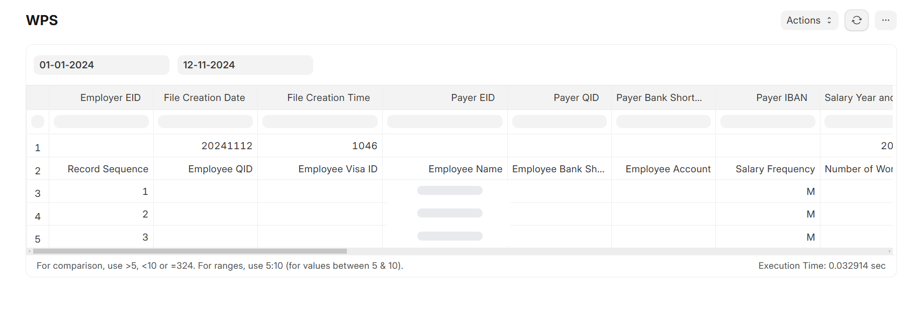 ERPNext WPS report listing the employer and payer fields, employee QID, visa ID, bank account, salary frequency and working days required for a Qatar Wage Protection System salary file