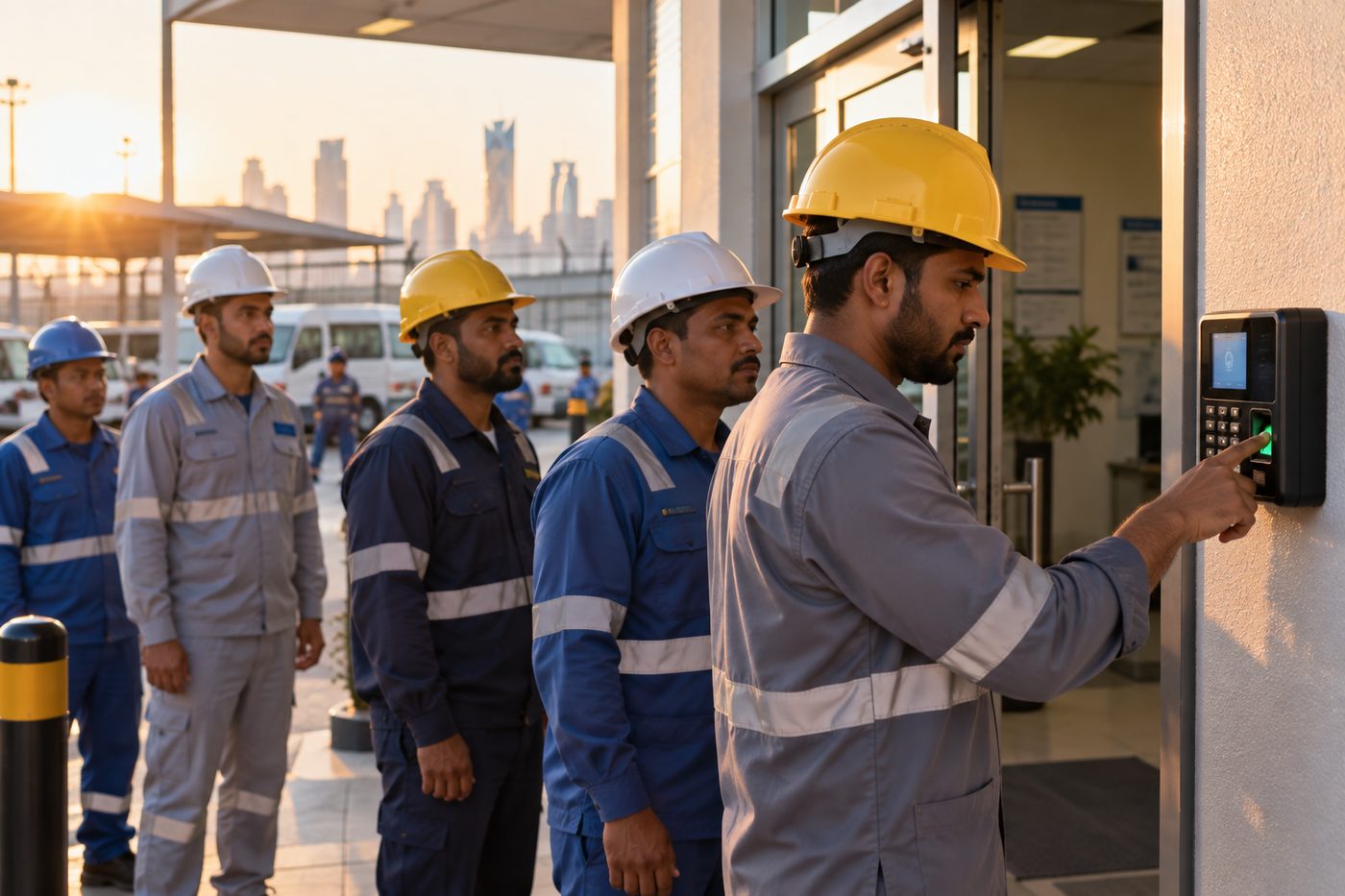 Workers in uniform and safety helmets queuing at a wall-mounted fingerprint attendance terminal at a site entrance in early morning light