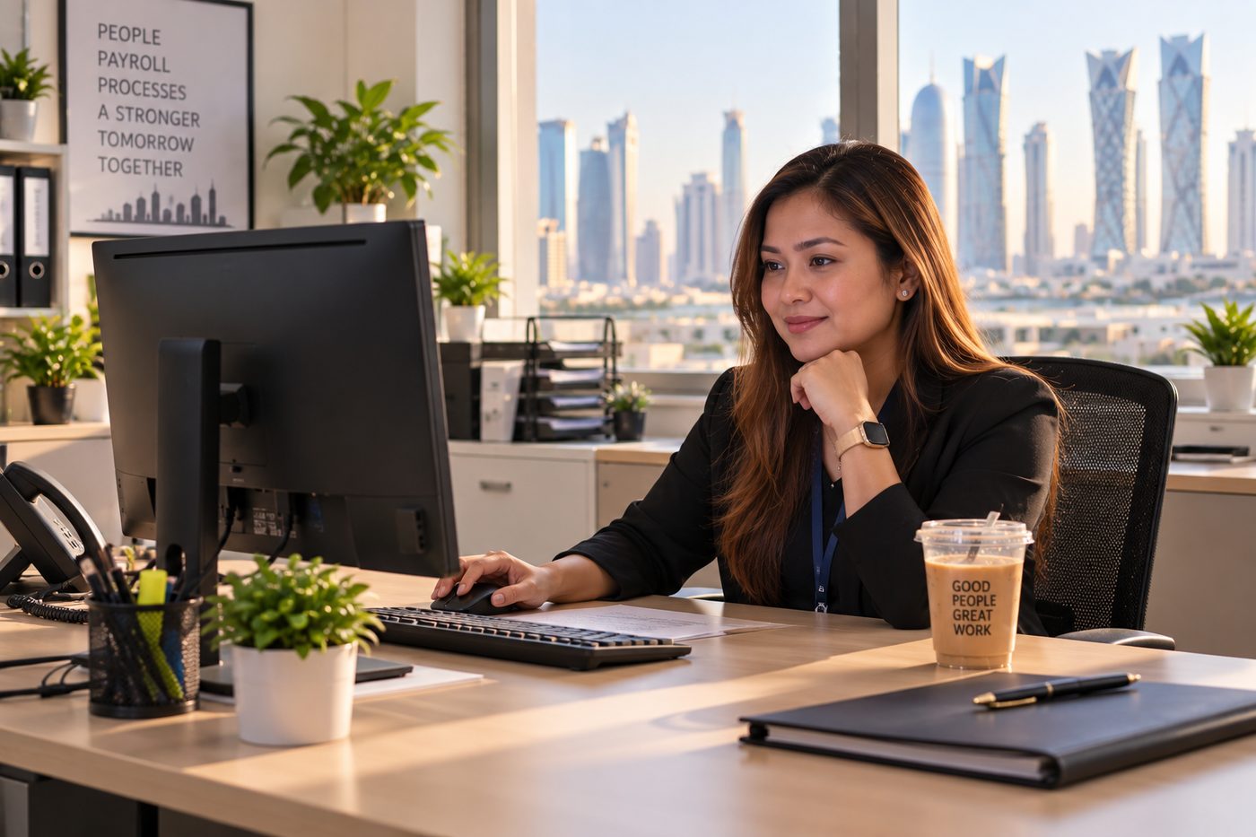 An HR manager working calmly at an uncluttered desk with a single monitor, a Doha skyline visible through the window behind her