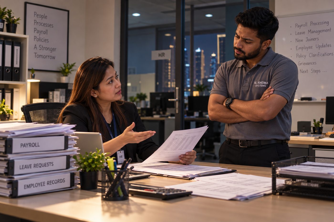 An HR manager explaining an air ticket entitlement calculation from a printed sheet to an employee standing with arms folded